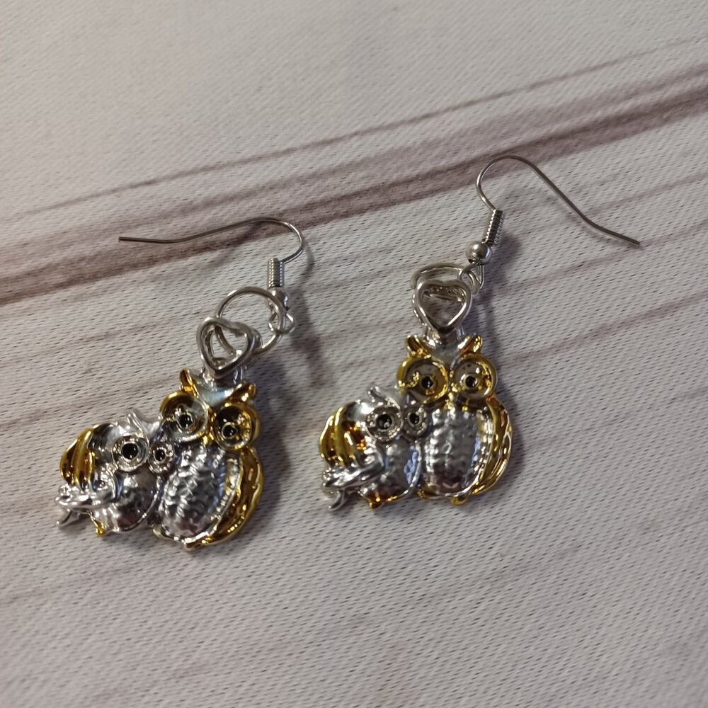 MOTHER DAUGHTER OWLS MOM AND BABY Two Toned Silver Gold Metal Dangle Earrings - Picture 3 of 6